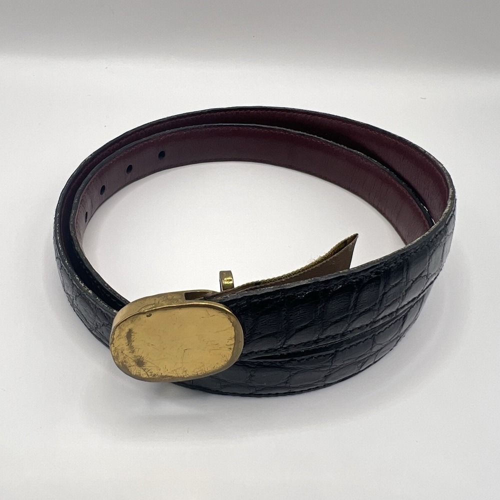 Trafalgar Croc Embossed Leather Belt 28 Black Gold Tone Buckle Classic Minimal